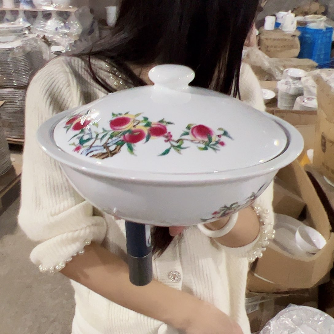 摆件瓷景德镇陶瓷寿桃12寸带盖汤锅