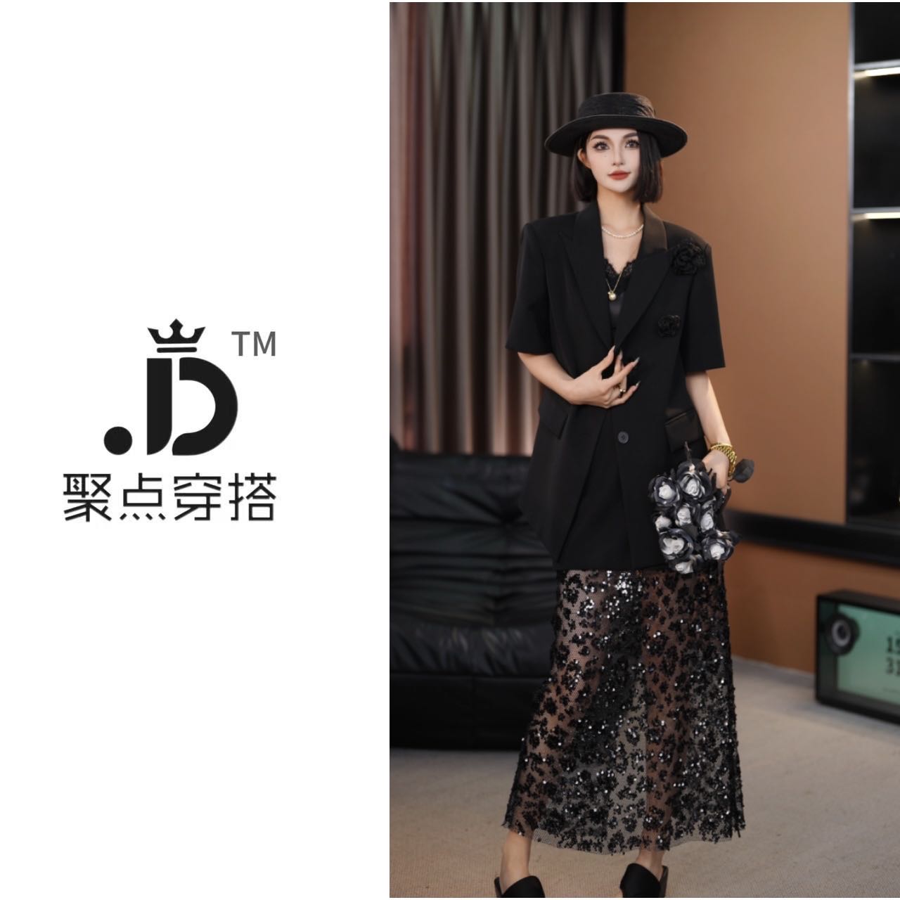 JUDIAN-【巴黎之夜】立体钩花短袖西装上衣+裙子两件套8jd522478