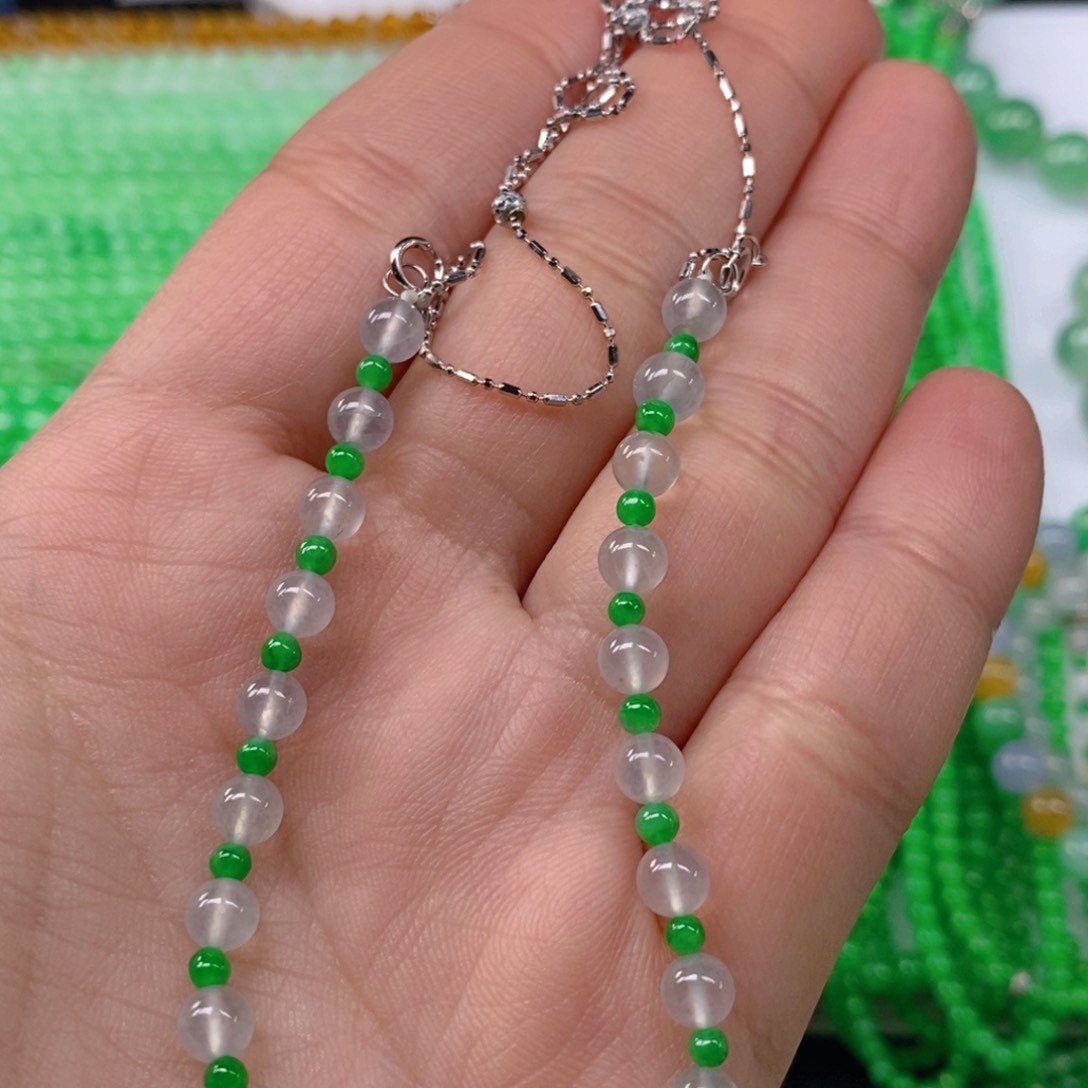 翡翠颈饰18K金镶嵌缅甸天然翡翠玻璃种双彩项链5m' m