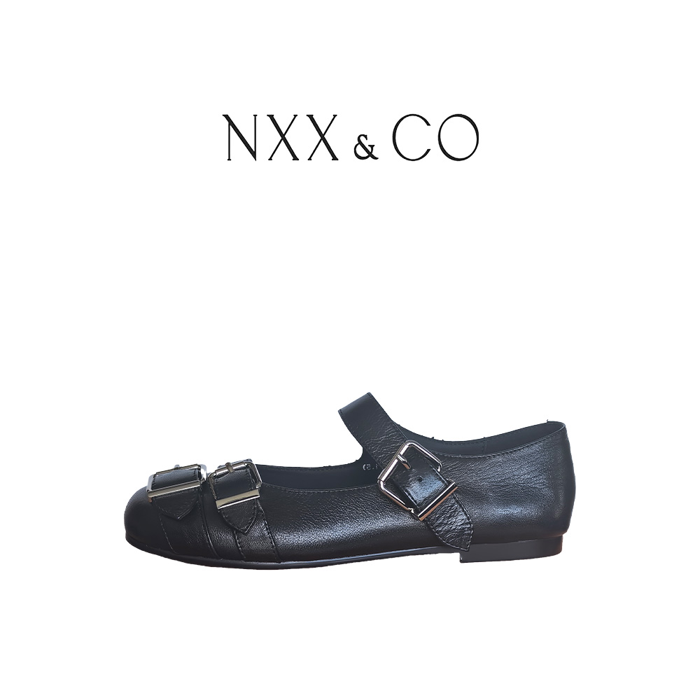 NXX&CO时尚休闲「奢潮复古羊皮玛丽珍｜金属扣饰似时光徽章英伦风」