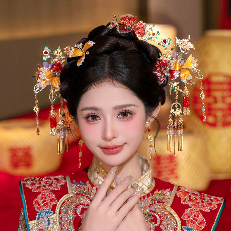 G188中式秀禾头饰高级大气红金撞色蝴蝶新娘婚嫁秀禾服马面裙发饰