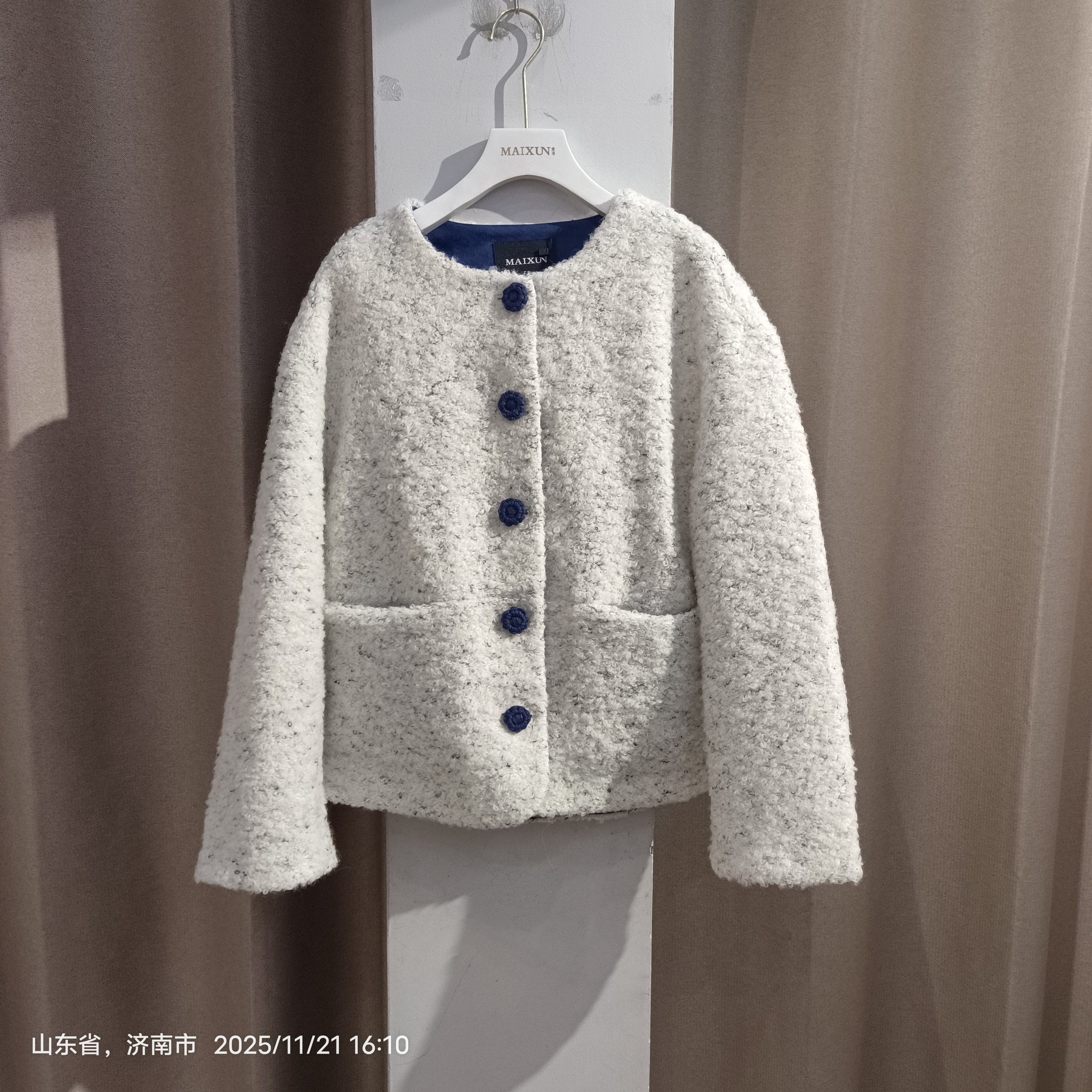 专柜秋冬新款韩系毛圈圆领短款毛呢外套女时尚休闲气质呢子夹克