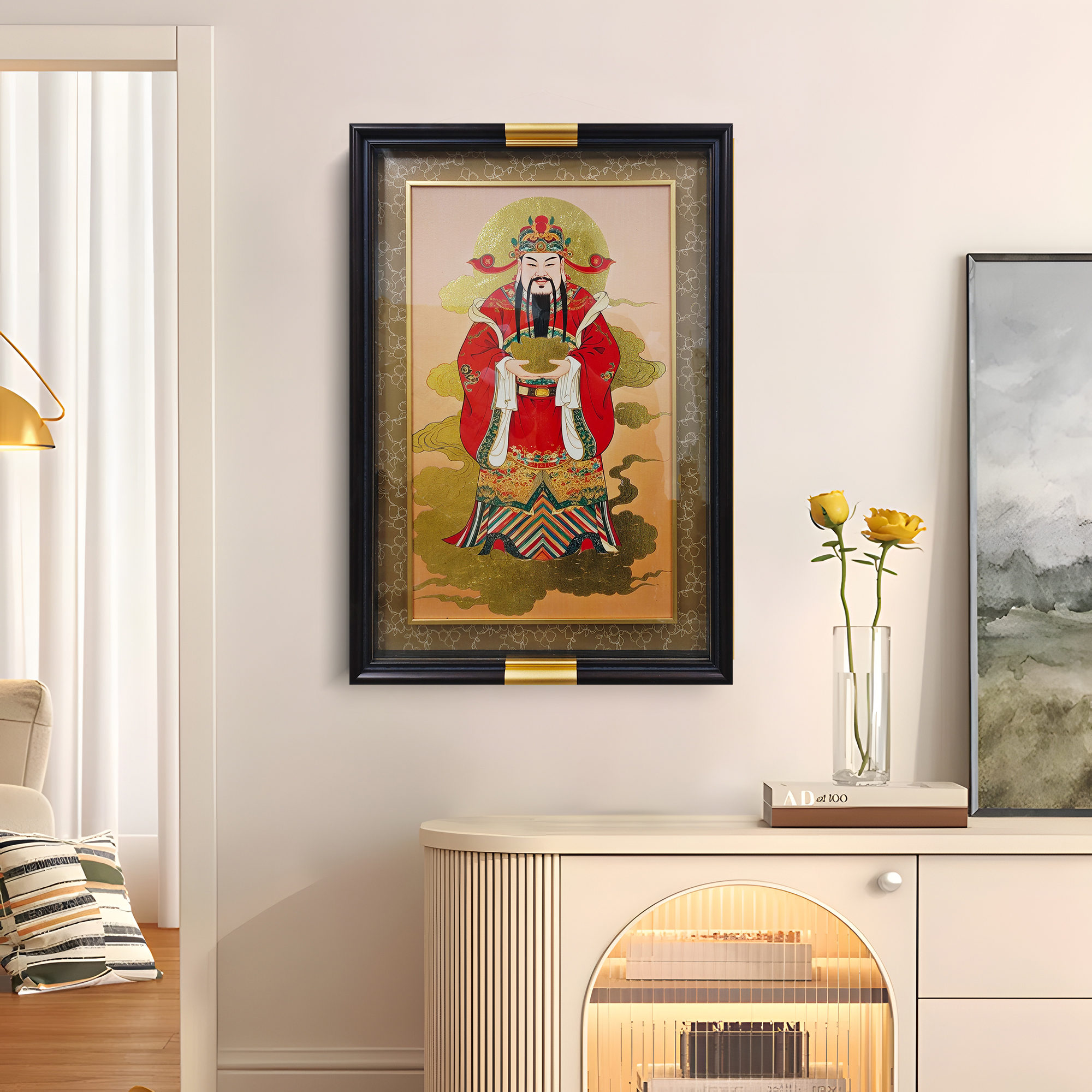 中式客厅装饰画茶室挂画财神相框客厅卧室装饰摆画财神4363