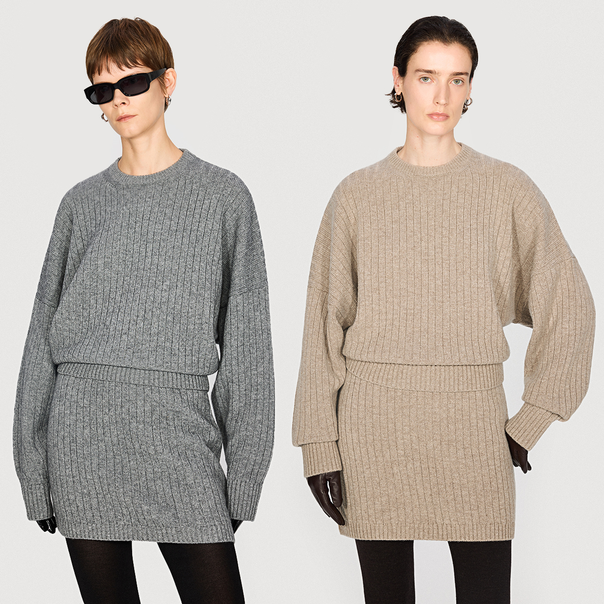 KEIGAN/开间康赛妮羊绒羊毛松软饼干坑条镰刀袖针织毛衣半裙套装