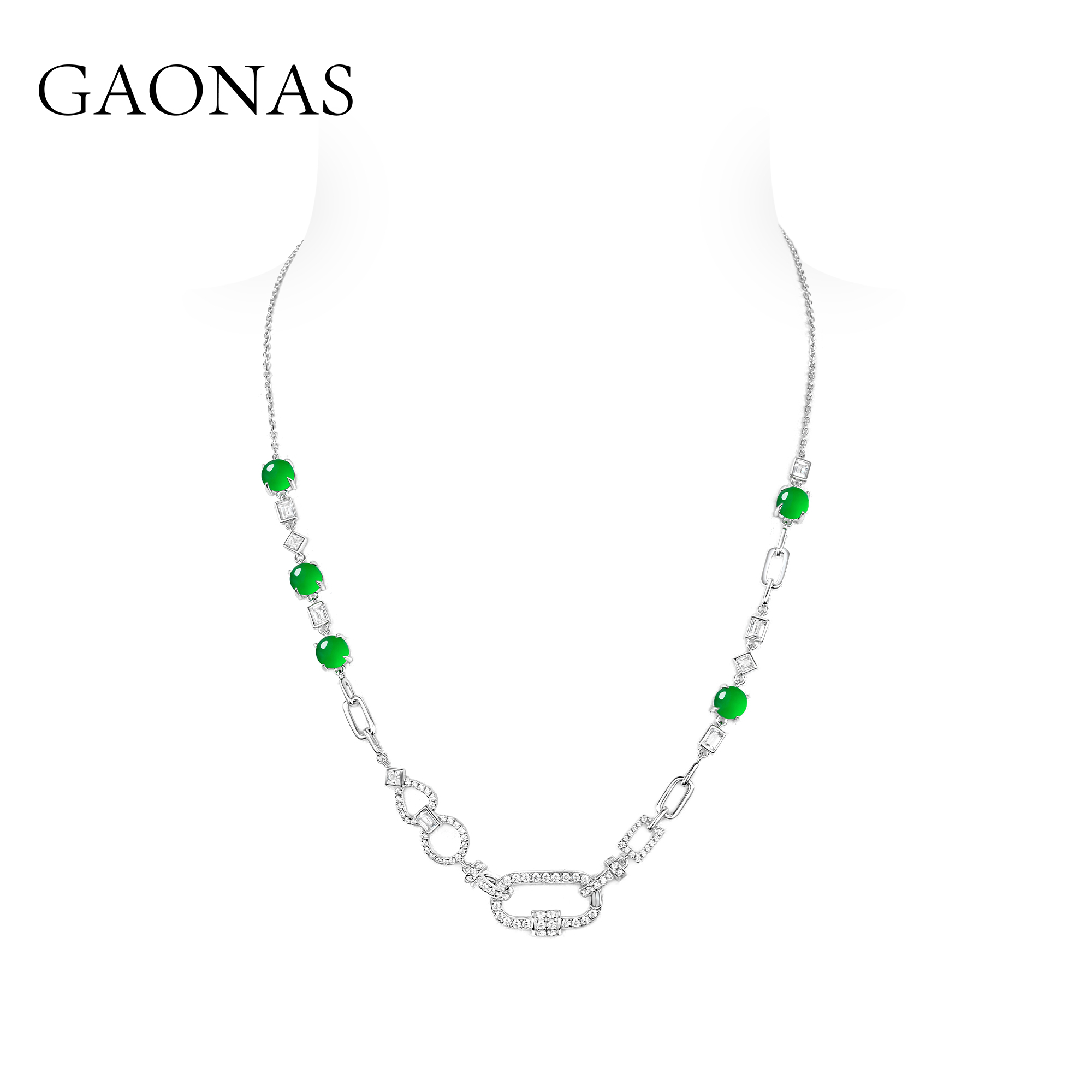 GAONAS 链子925银合成锆石 时尚百搭贵气绿色多功能项链11465XG
