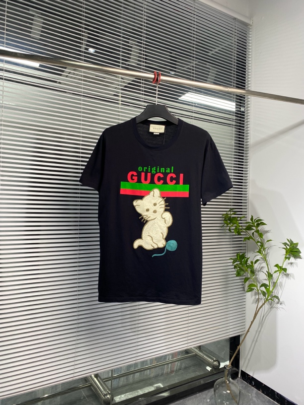 99新 GUCCI/古驰 短袖 T恤 猫咪贴饰 印花logo 黑色 S码 ko2151