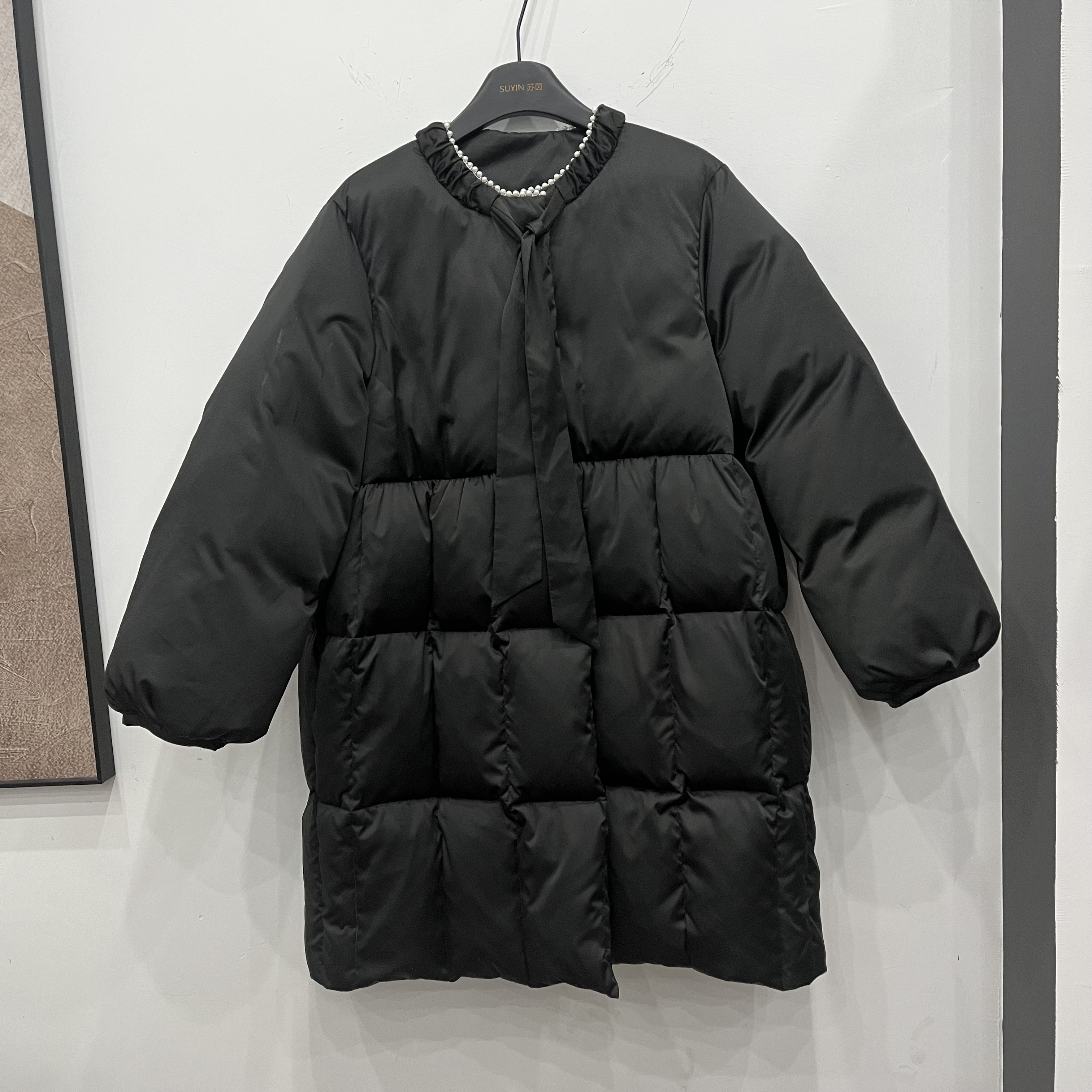 欧洲站2025新款冬缎面95白鸭绒羽绒服女中长款圆领蝴蝶结羽绒裙