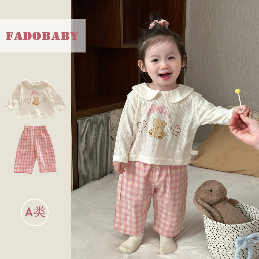 女童2025新款春季小熊套装女宝宝韩版翻领娃娃衫格子长裤两件套春
