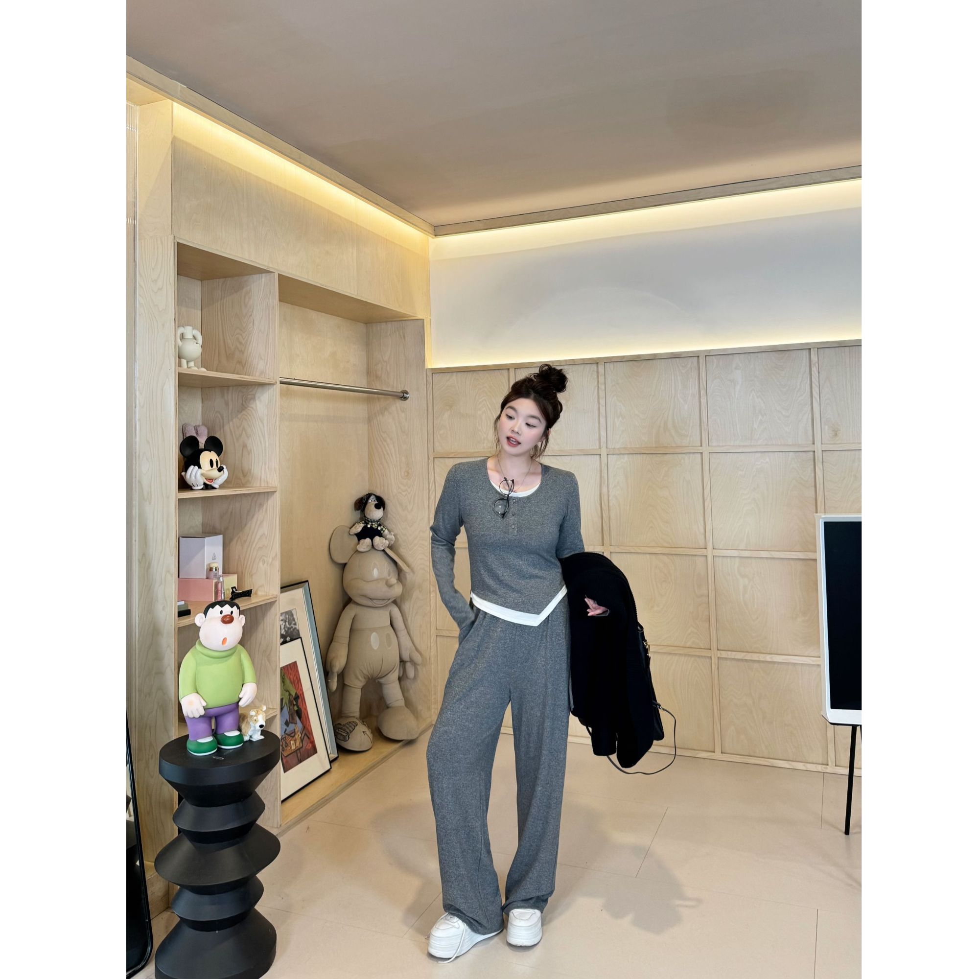 晶咕【简约派】假两件腰部两侧抽绳不规则上衣+全松紧休闲裤