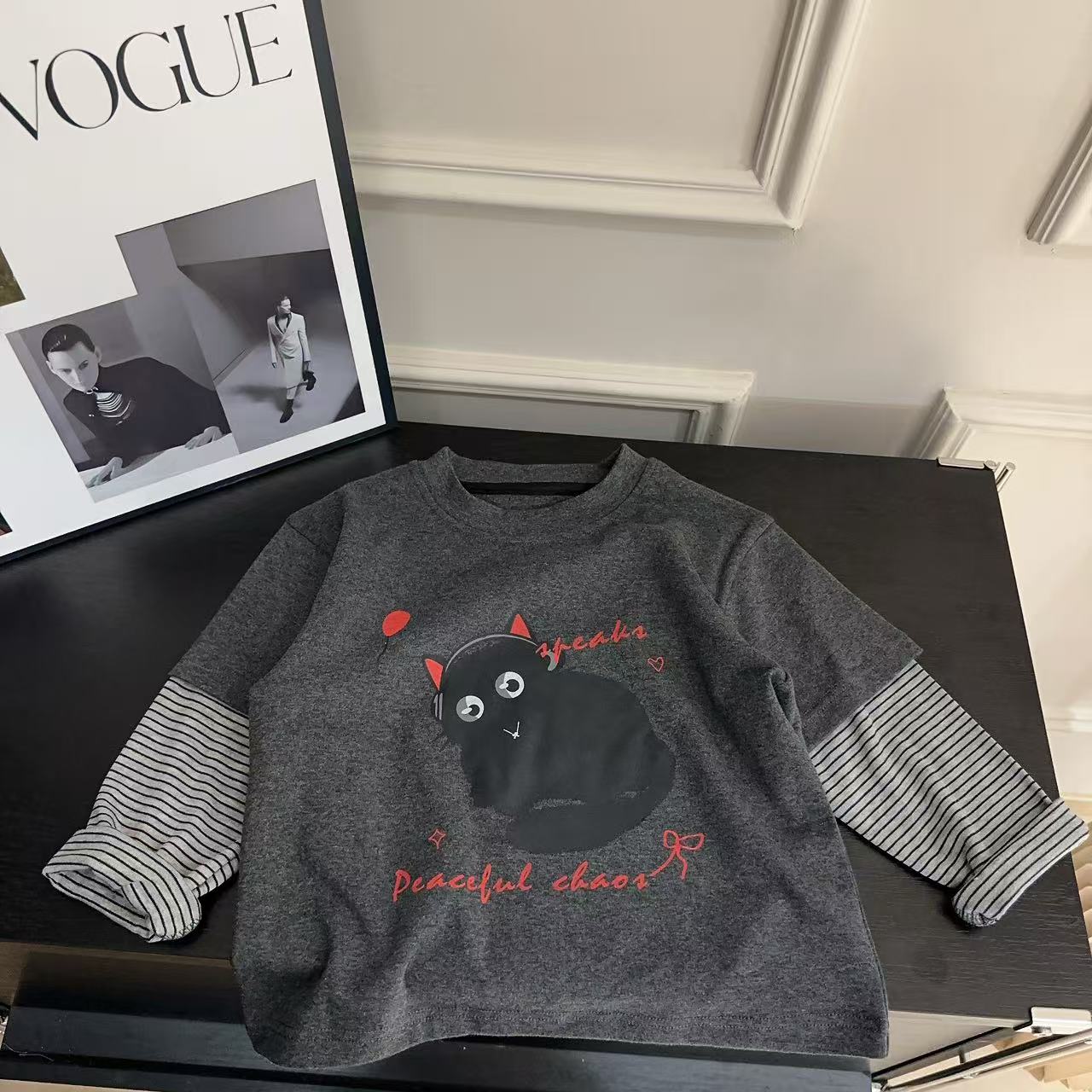 【两个小盆友】2025儿童秋韩版宽松卡通印花男女童假两件T恤883455