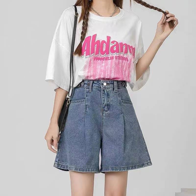 B54(撤架好物）女士水洗棉夏季高腰牛仔短裤宽松显瘦A字收腰五分裤