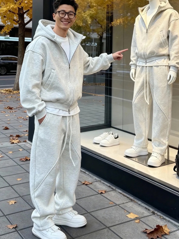 大码加绒加厚套装男冬季连帽蝙蝠袖外套宽松直筒休闲运动裤两件套