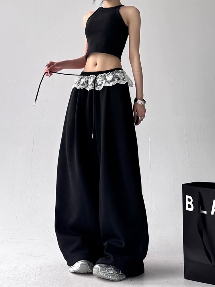 韩系蕾丝拼接跳舞休闲裤女夏季2025新款美式垂感显瘦阔腿运动长裤