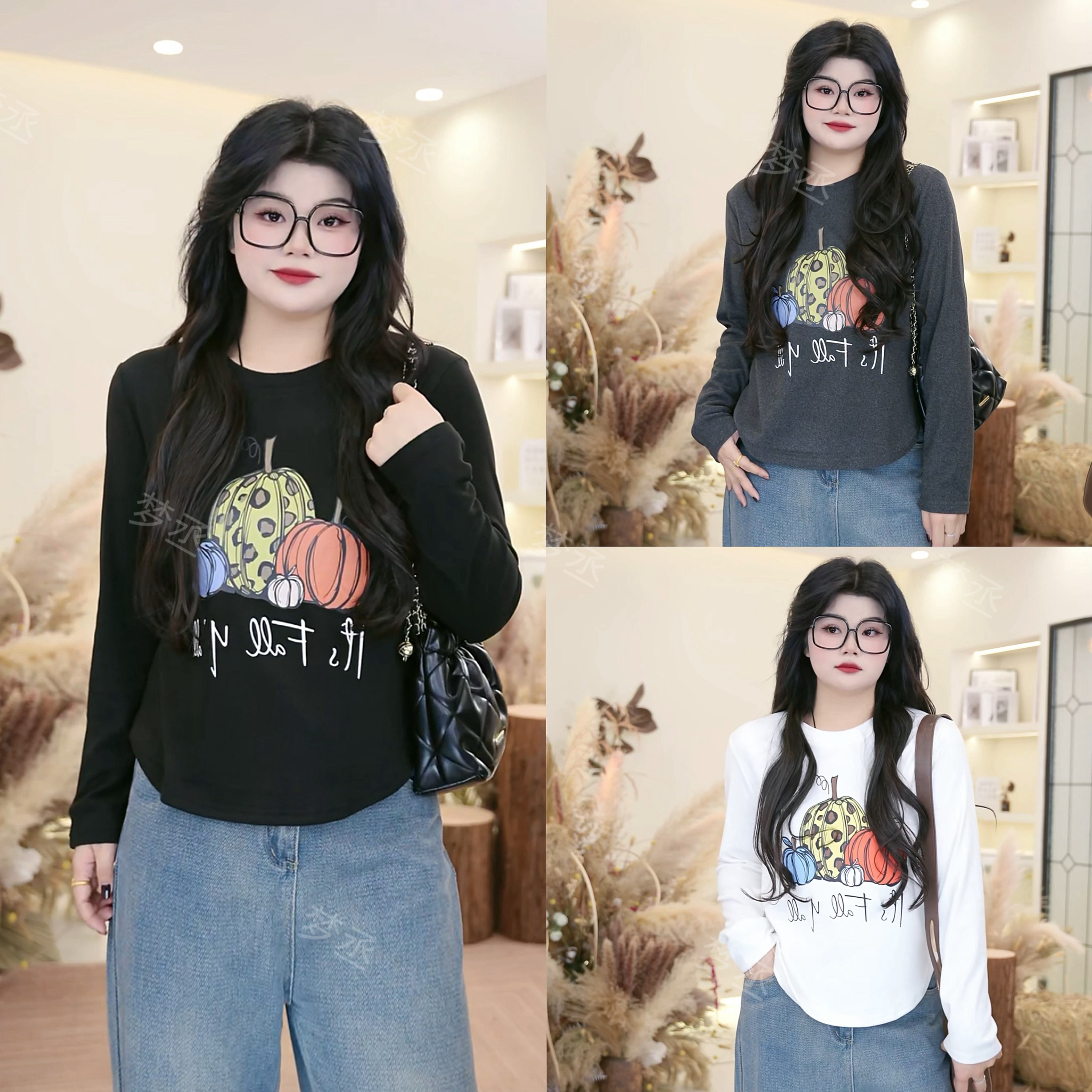 梦丞【瓜果研究所】大码女装圆领印花德绒打底衫显瘦减龄百搭针织衫
