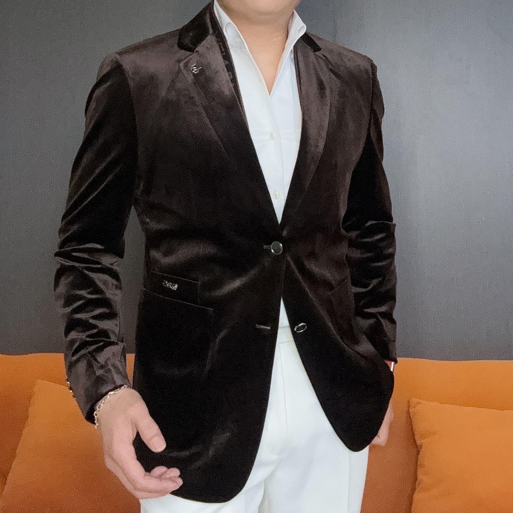 K男士春款轻奢丝绒黑色平驳领西服外套时尚休闲商务气质百搭3X223