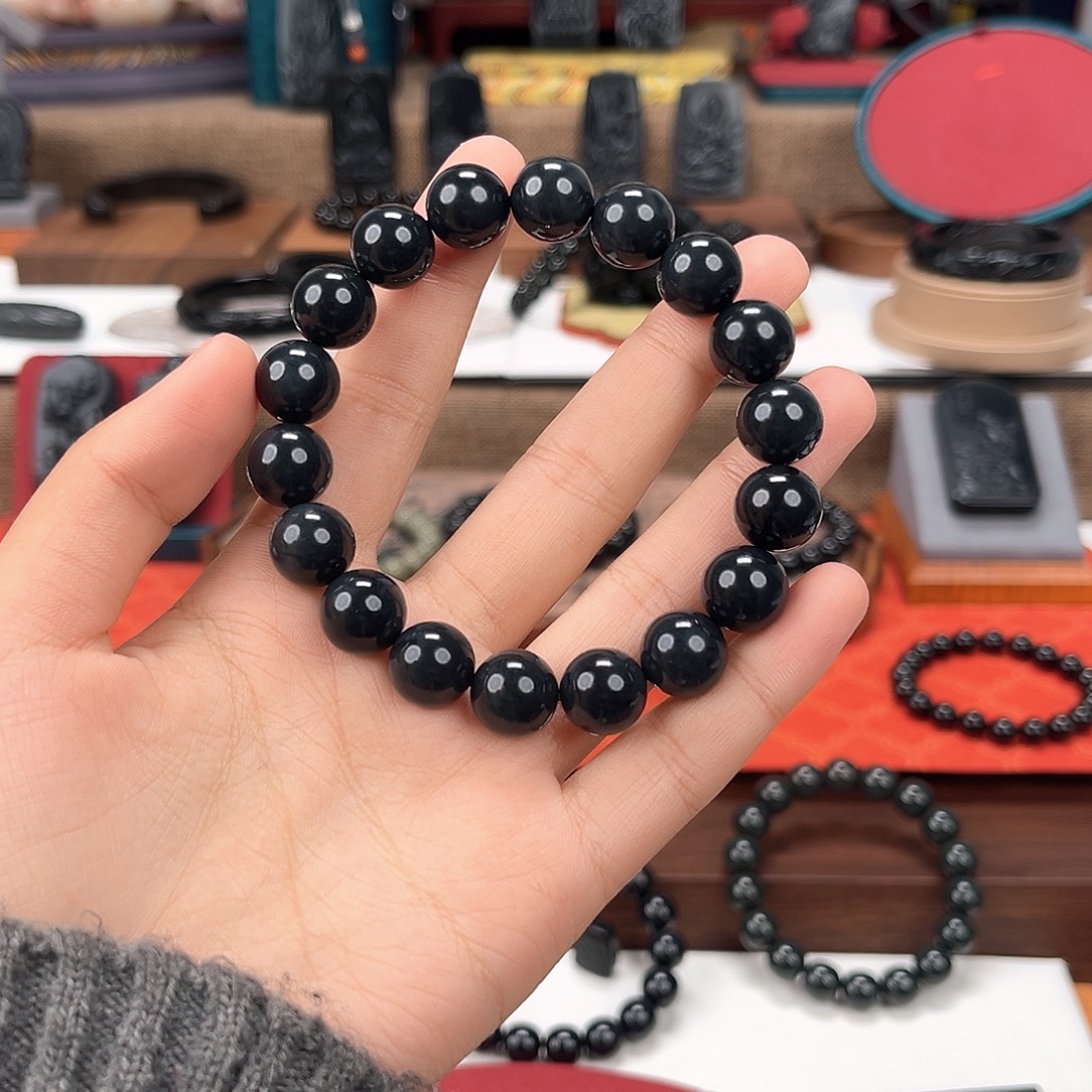 和田玉未镶嵌手串卡12，精工老型珠，90墨