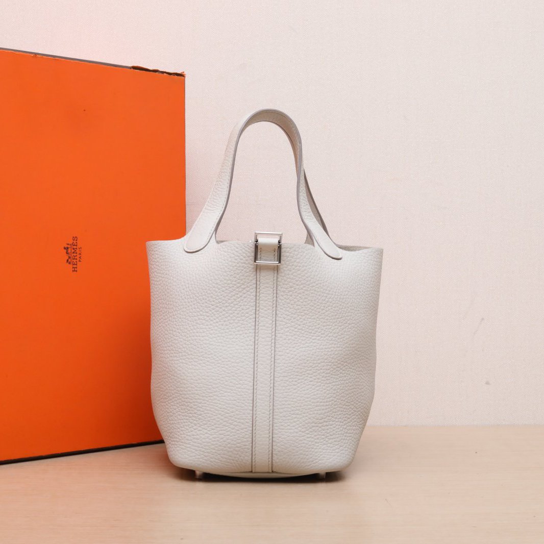 99新 Hermes/爱马仕 小花Jerry 18 菜篮子 8L冰川白 TC皮 W刻