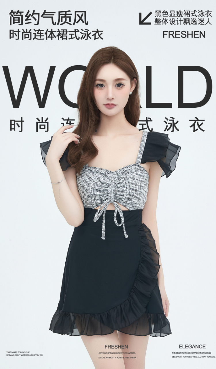 2025新款无袖简约气质风连体泳衣保守拼接方领连衣裙法式御姐泳装