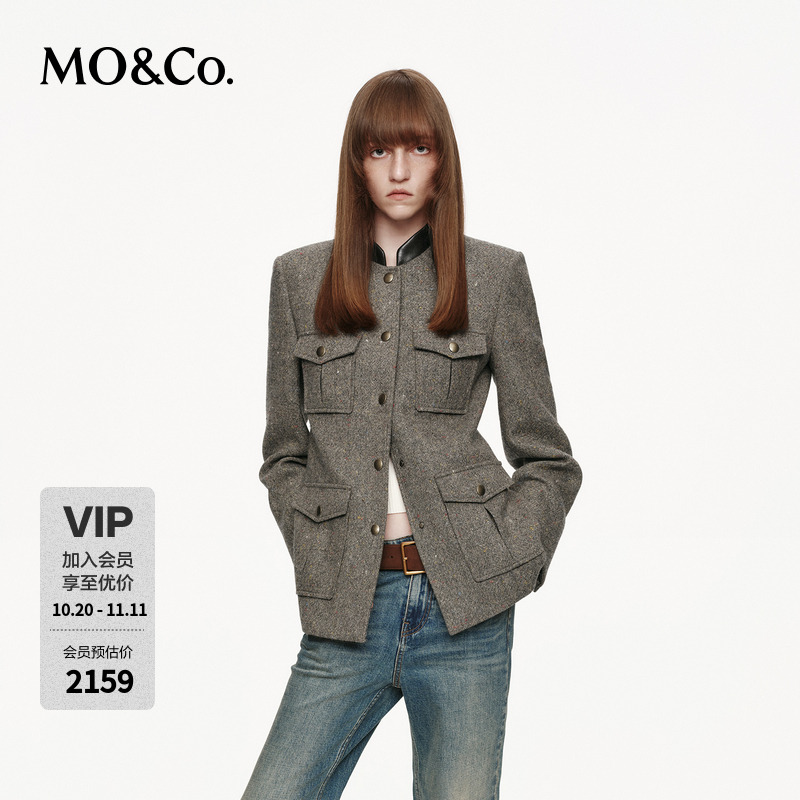 MOCO外套2025秋新品复古粗花呢素皮领垫肩收腰工装贴袋MBE3COT015