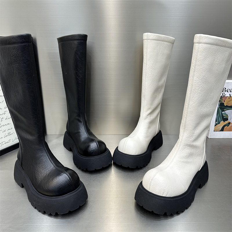 女款休闲百搭厚底时装靴粗跟骑士中筒中筒加绒秋冬长筒新款潮流鞋