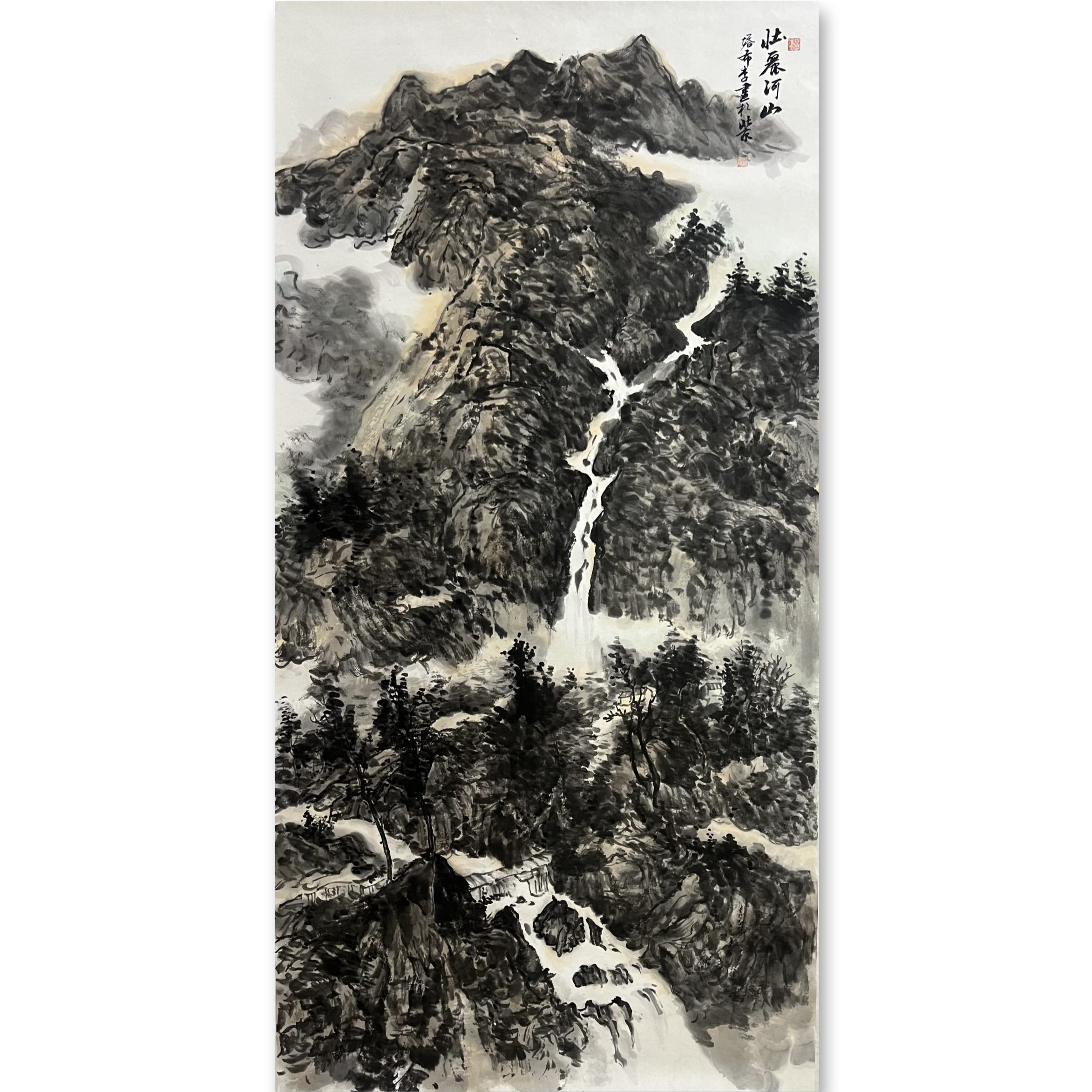 李淑霞+壮丽山河+四尺137*69厘米+宣纸手绘+山水