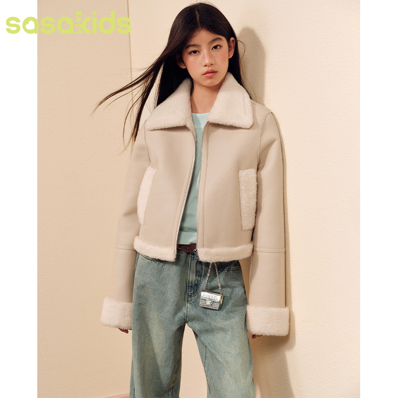 sasakids【初雪降临】秋冬温柔气质pu皮毛夹克领袖厚毛绒外套女童