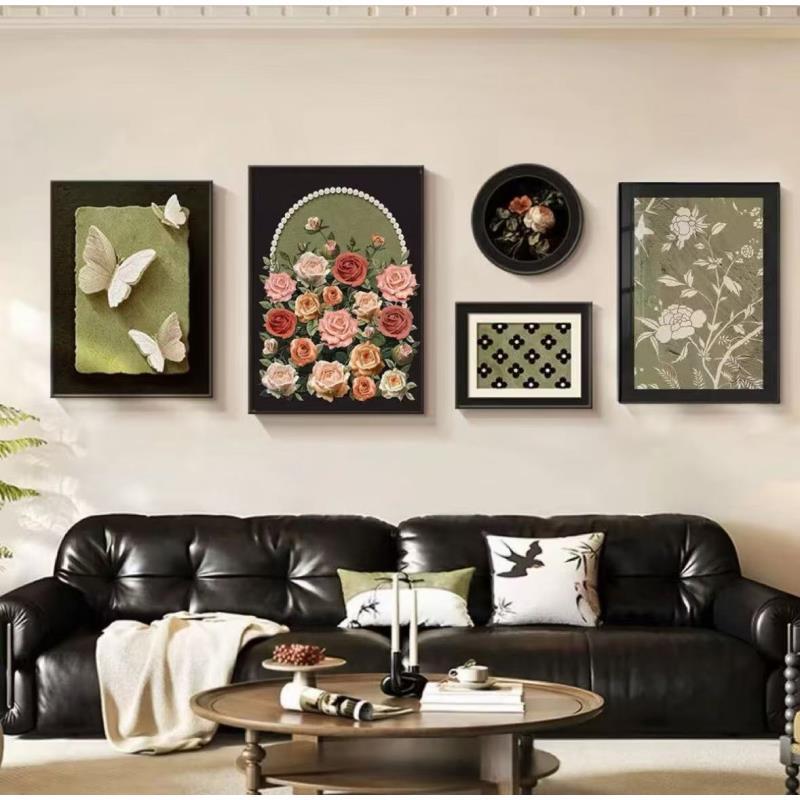 LHJ082法式风客厅蝴蝶玫瑰组合沙发背景墙小众高级感装饰画