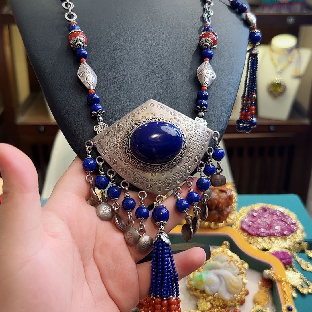 青金石颈饰银S925镶嵌古风