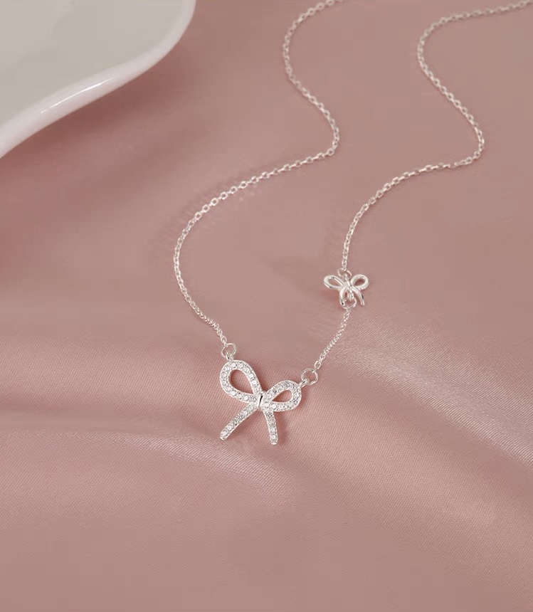坠链均足银 足银990甜美风在逃双蝴蝶结微镶套链蛇骨款小爱心项链