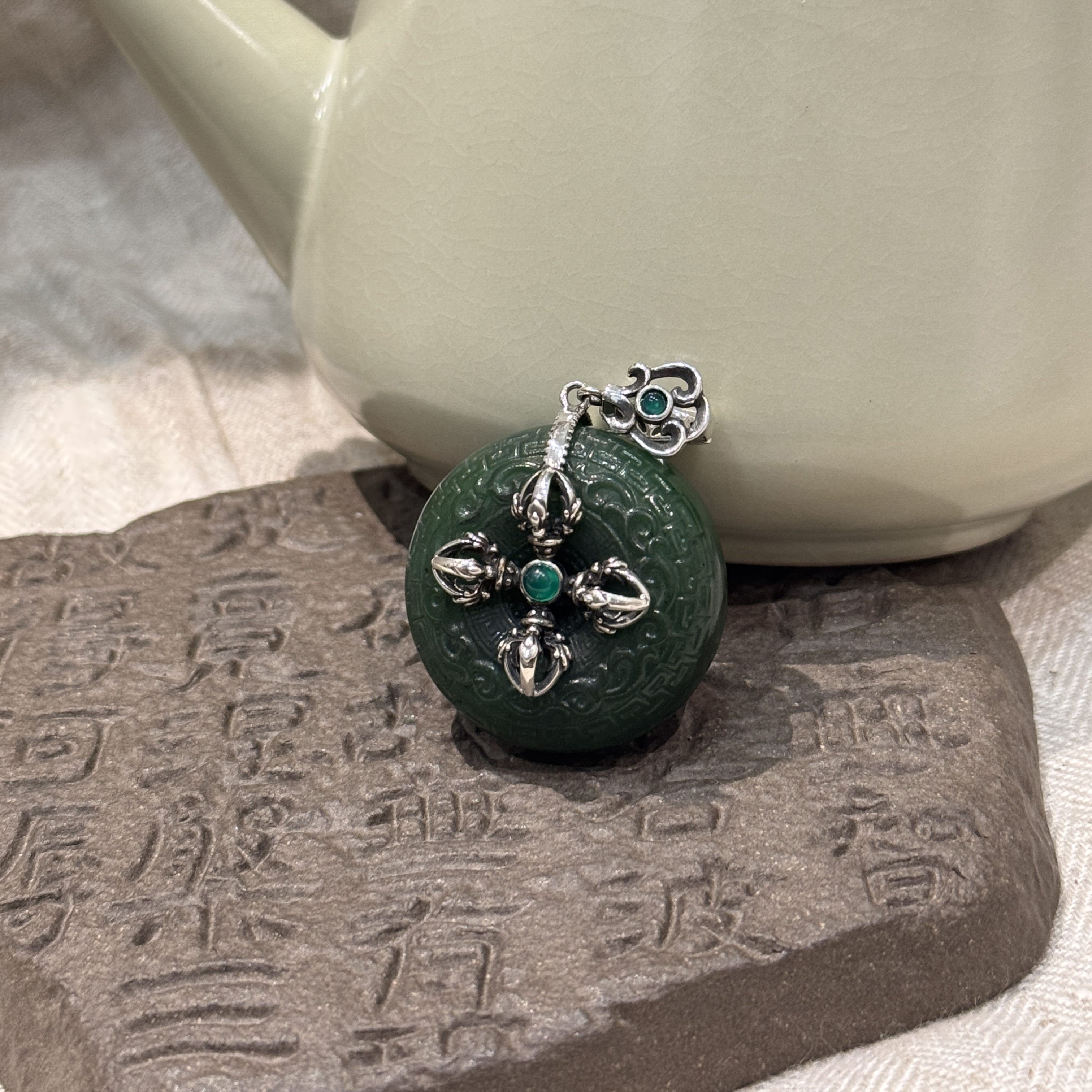 吊坠925银 M8071 八宝莲花十字祥云杵绿色平安扣吊坠