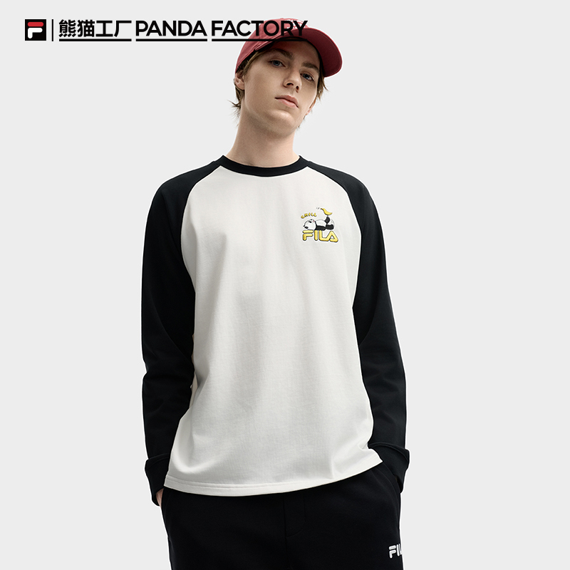 斐乐大熊猫印花情侣长袖2025秋季新款纯棉插肩袖T恤F51U538203F