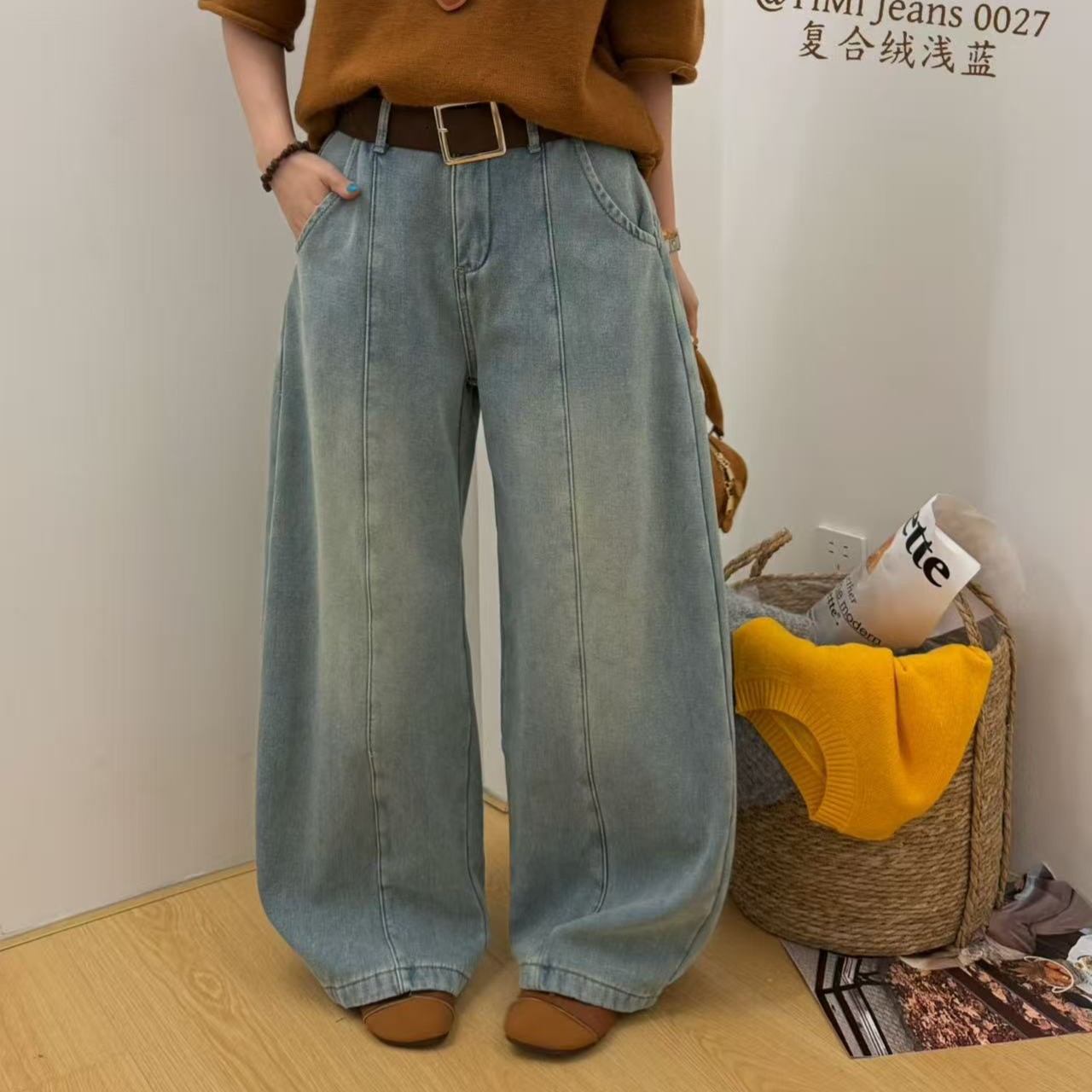 显瘦弯刀裤裤阔腿裤宽松高腰微胖窄版直筒裤浅蓝