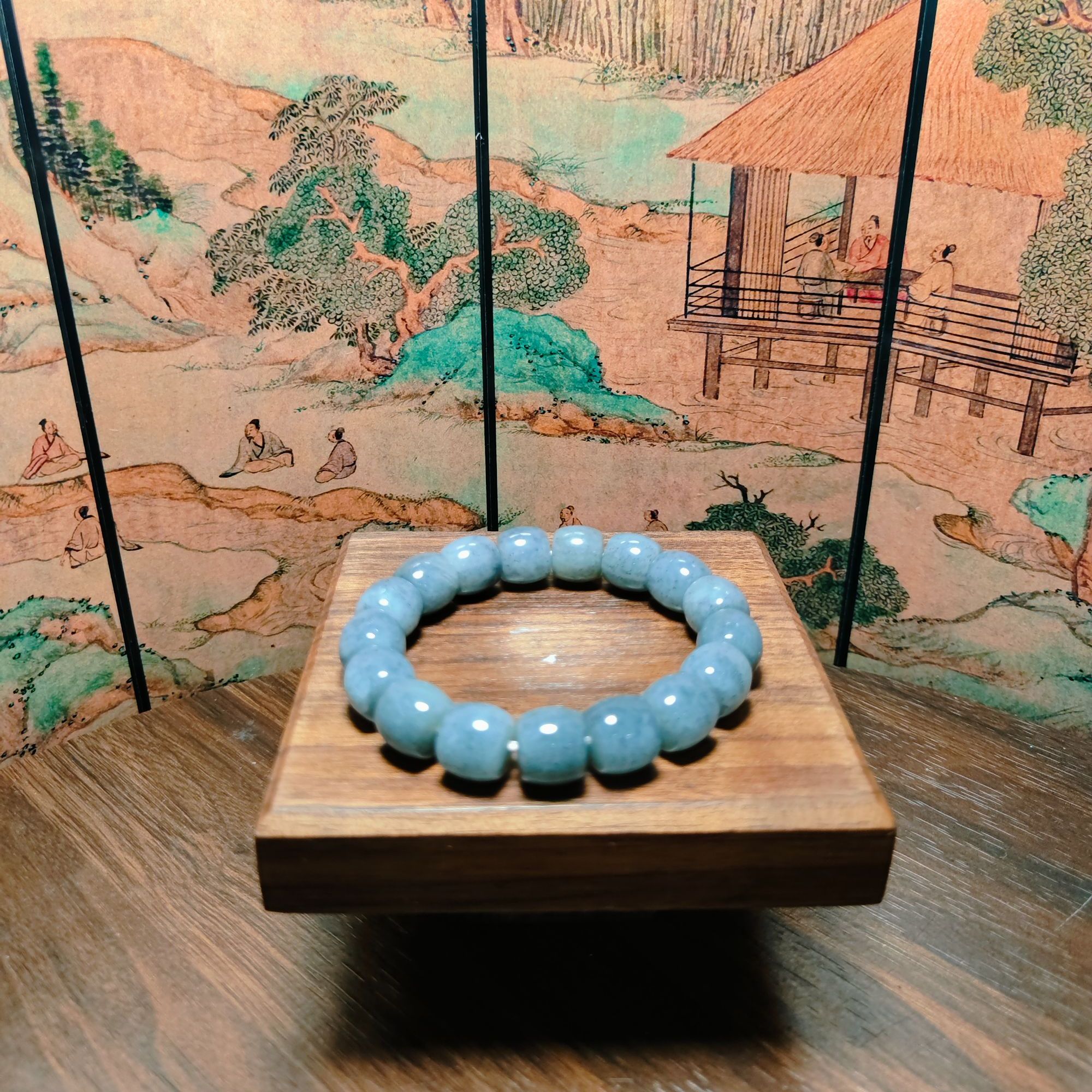 F和田玉青花桶珠手串（卡12）0709