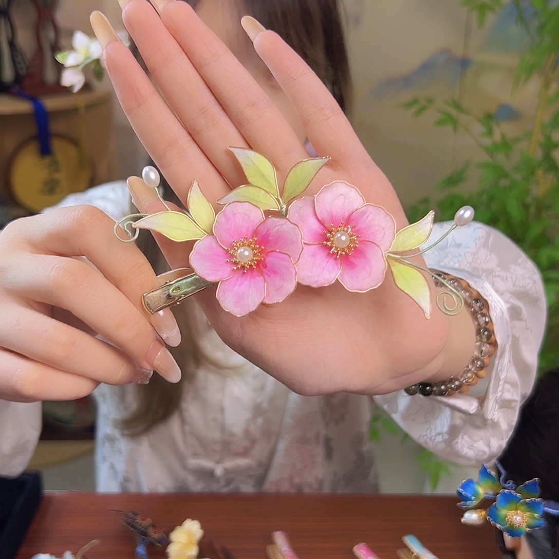 纸非遗绒花发夹粉色