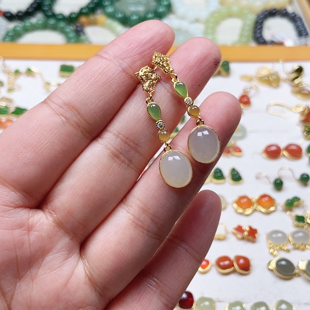 和田玉耳饰银S925镶嵌