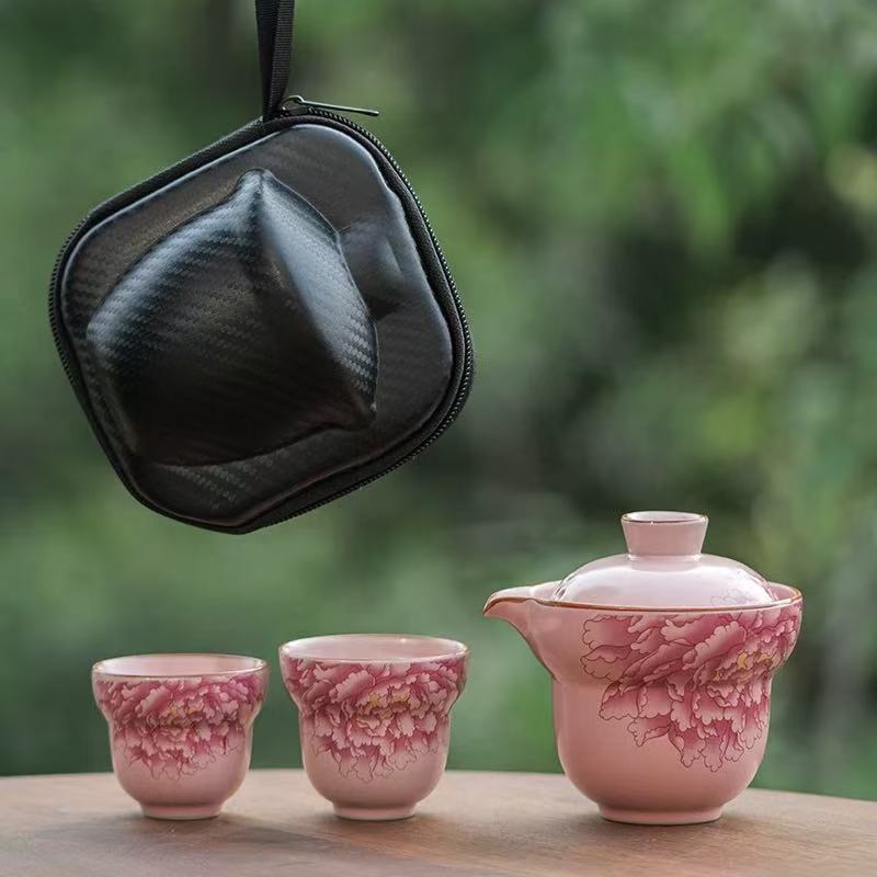 粉汝牡丹一壶两杯便携旅行茶具