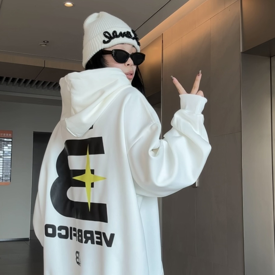 宽松中长款连帽卫衣女春秋2025新款美式慵懒风情侣休闲潮流外套