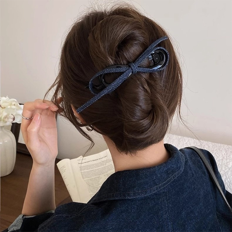 复古牛仔蝴蝶结扭扭夹女高级感2025新款一字抓夹后脑勺盘发夹发饰商品图