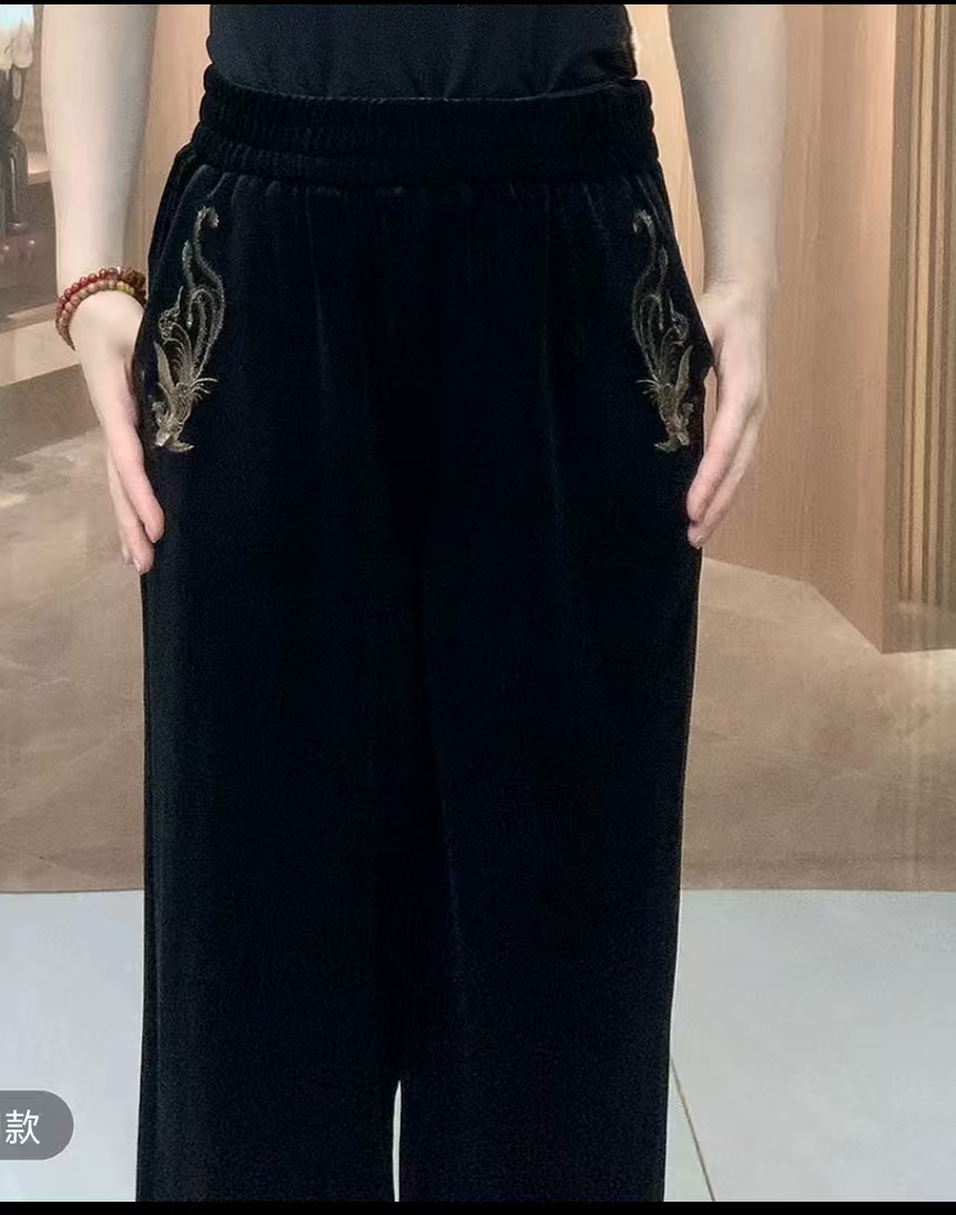 秋季时尚新款丝绒刺绣精品显瘦女裤