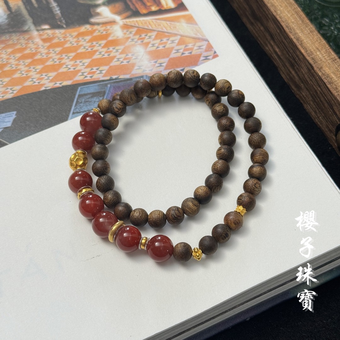 沉香| 山瑶 奇楠沉香18K南红车厘子双圈叠戴时尚手串*YZCS2296