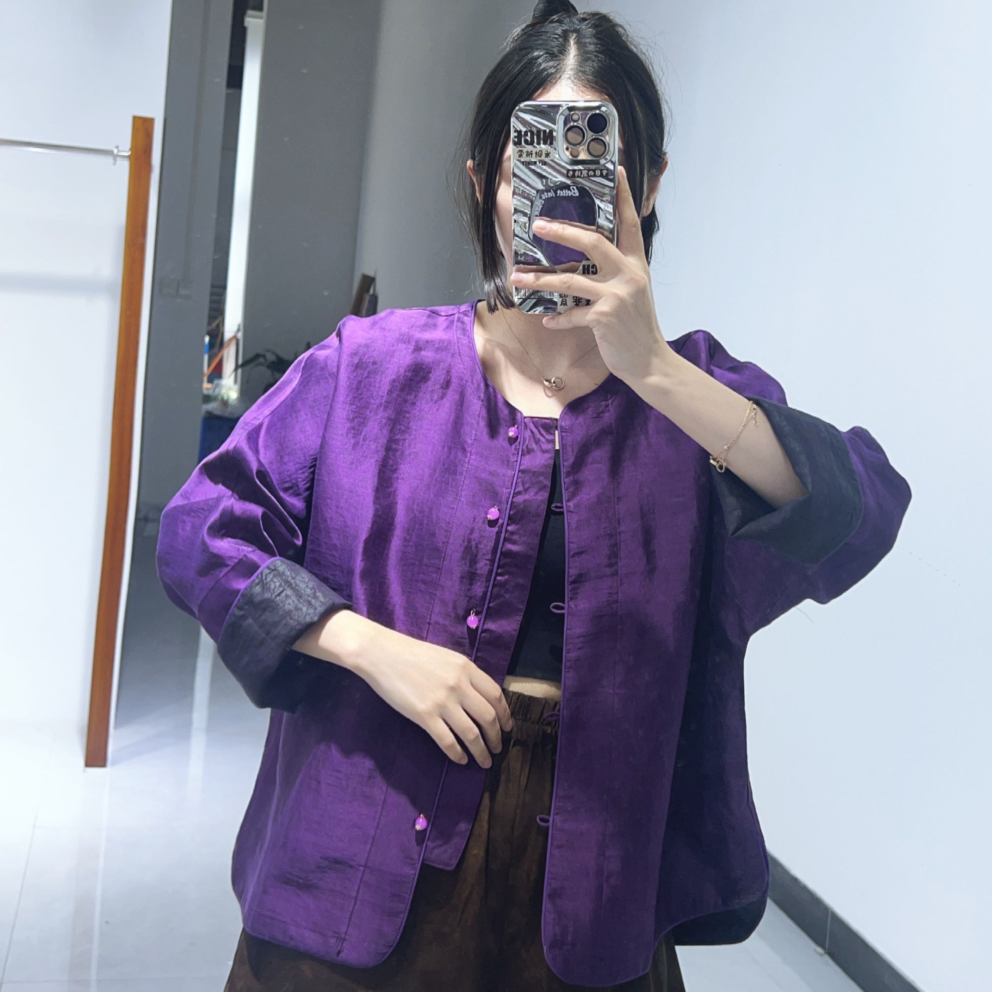 40姆米电紫龟双面穿外套新中式桑蚕丝开衫女秋季宽松