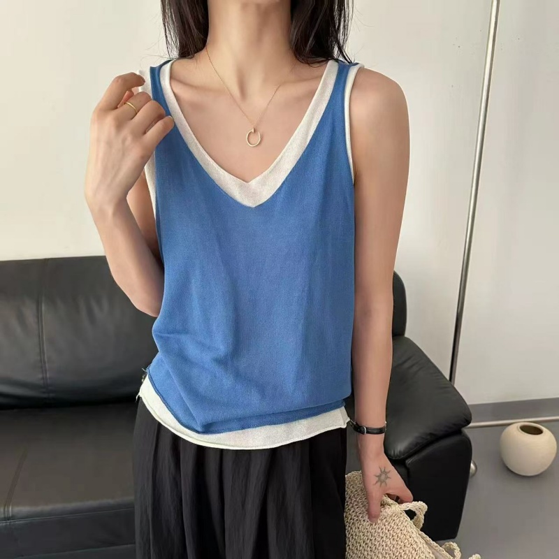 夏季针织假两件无袖背心女款韩系休闲外穿短上衣显瘦气质百搭宽松