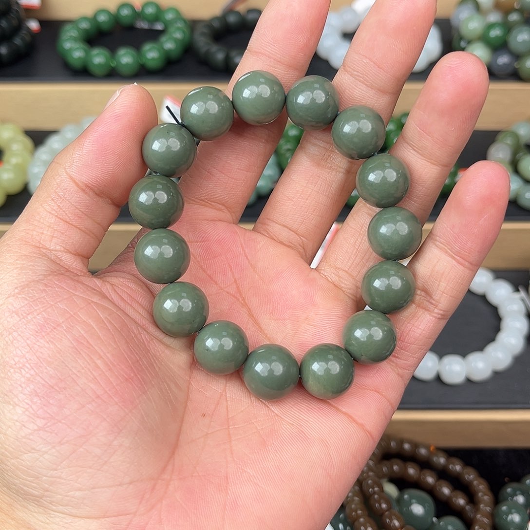 和田玉手串未镶嵌纯天然新疆和田玉沙枣青14mm