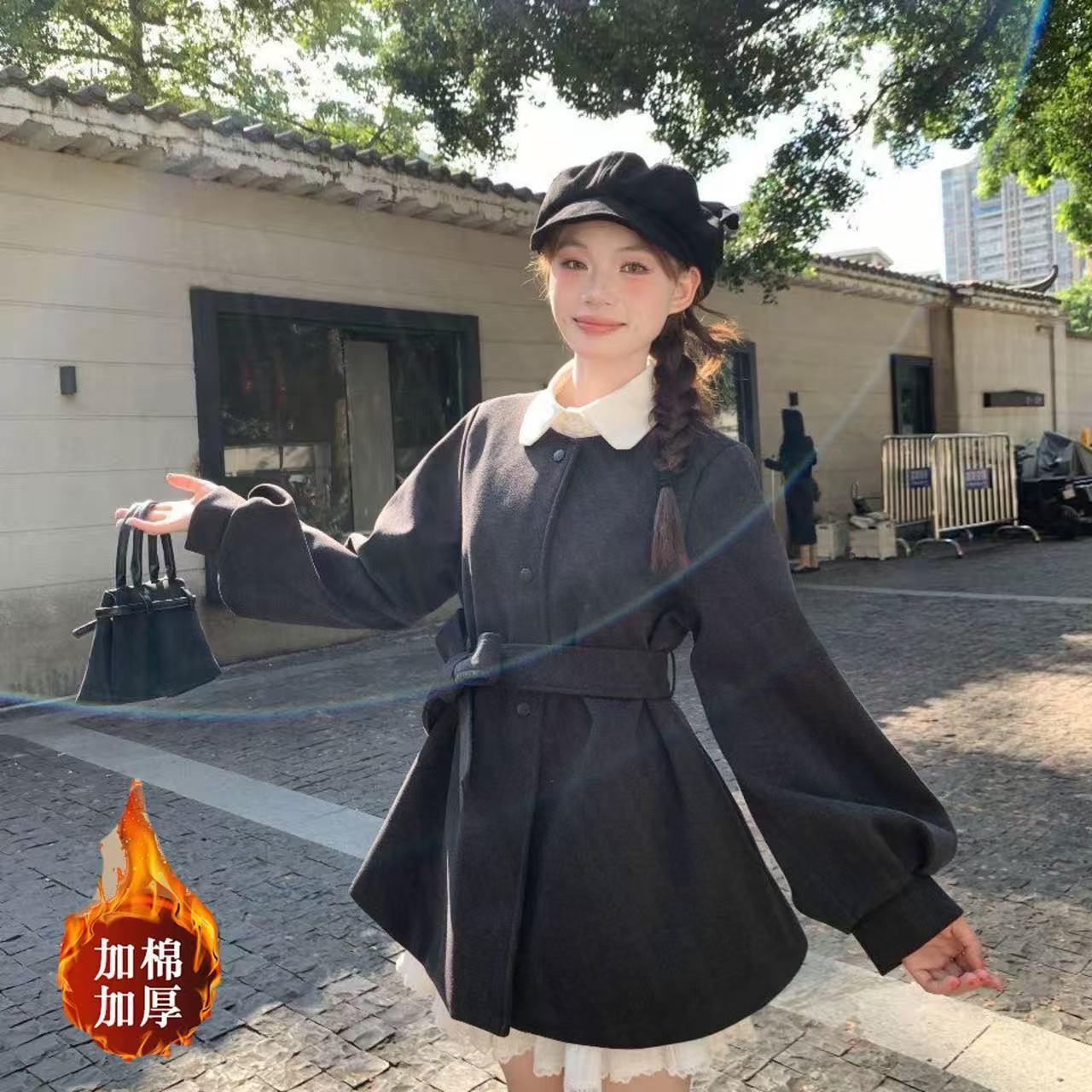 冬季保暖加厚毛呢外套女2025秋冬保暖显瘦灯笼袖小个子大衣爆款