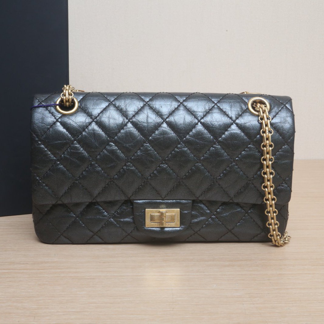 95新 Chanel/香奈儿 活动双双 2.55 口盖包 小号 深灰 皮革C 28开