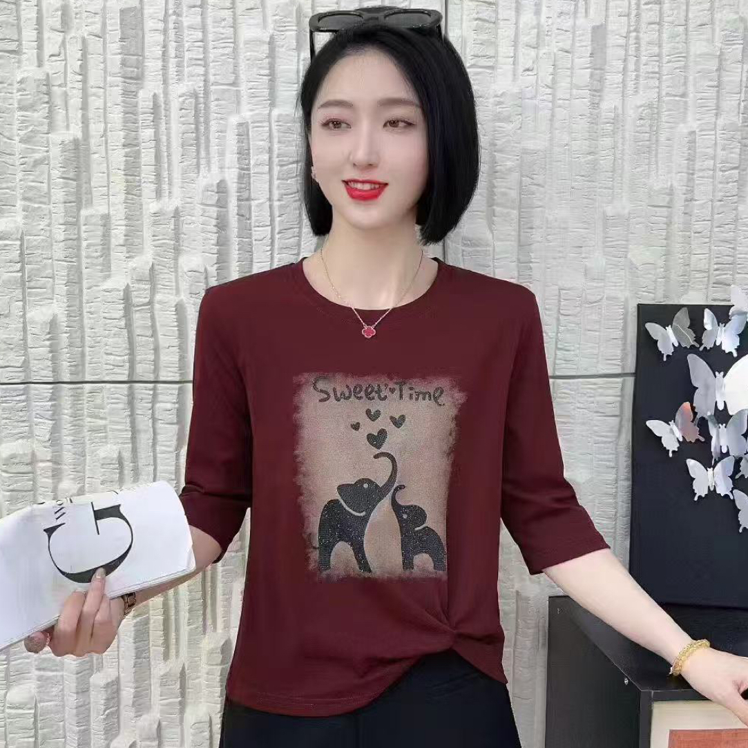 T恤打底衫套头极简风针织印花少女风中袖烫印修身型