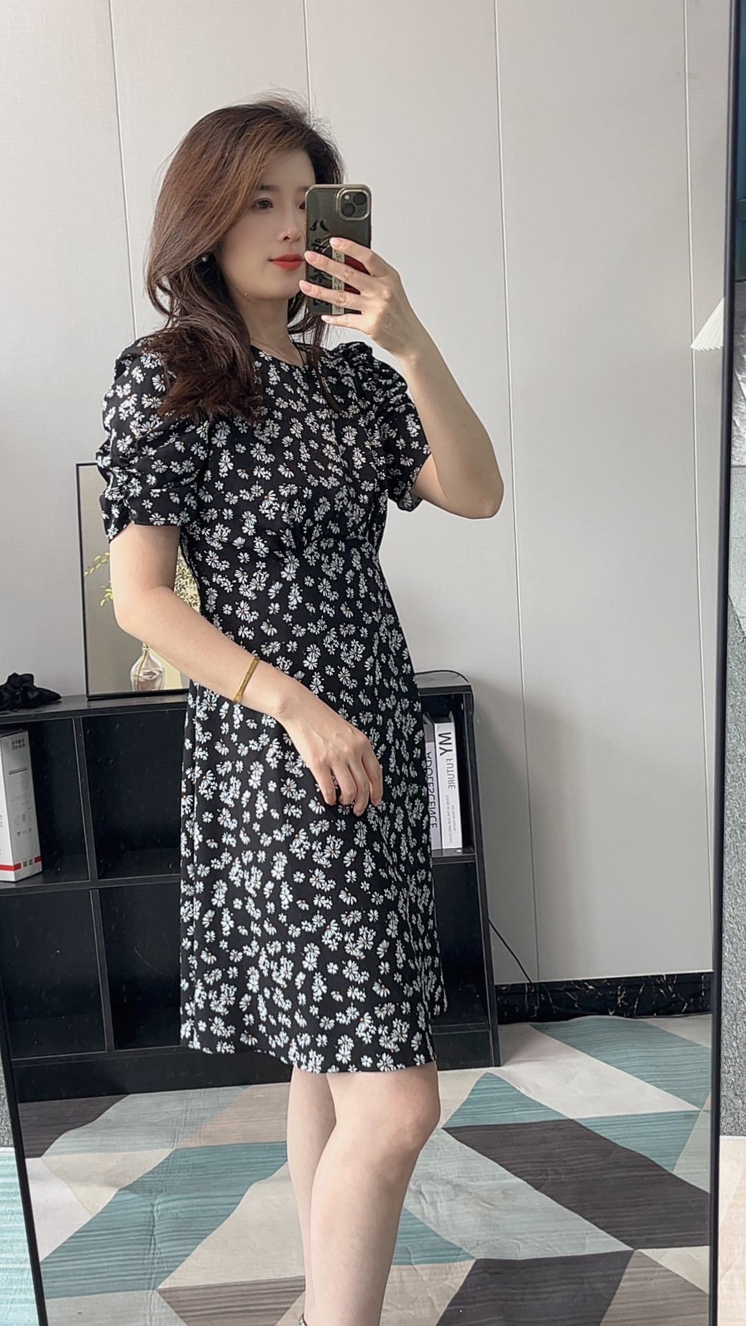 复古气质碎花法式夏装连衣裙黑色碎花裙夏季