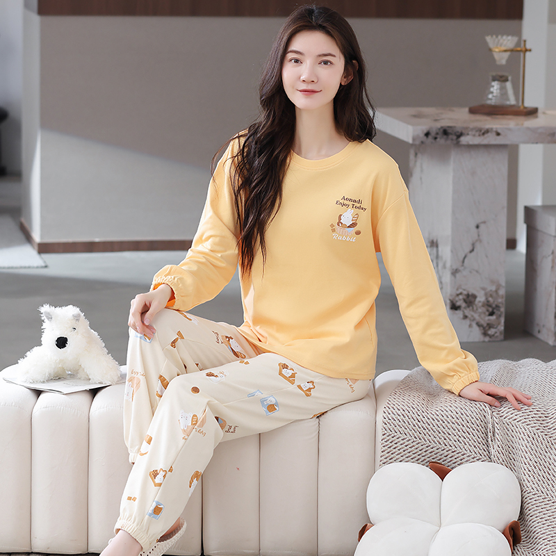 100%纯棉睡衣长袖长裤加厚秋冬女可外穿百搭简约风纯棉舒适家居服