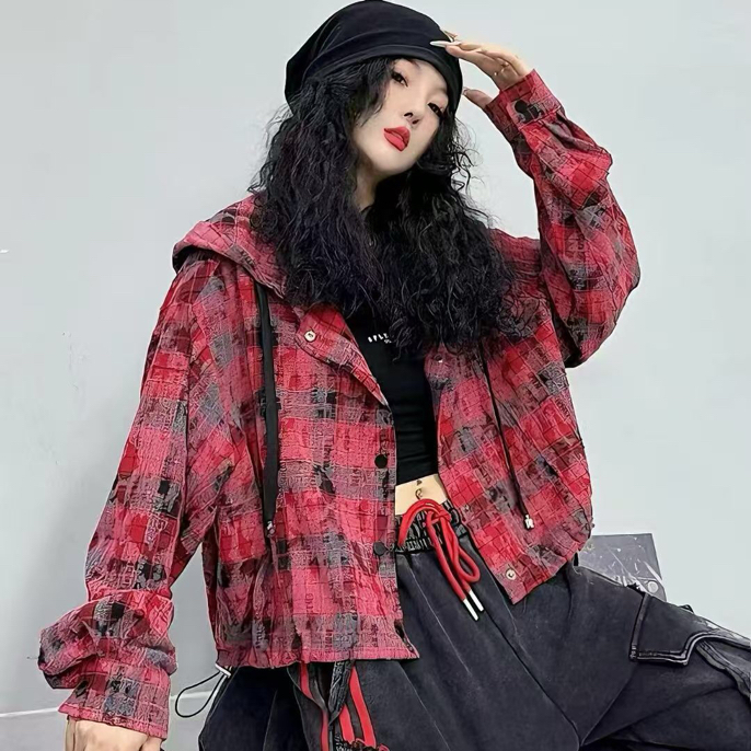 秋季新款时尚休闲显瘦长袖上衣女宽松洋气韩版格子外套