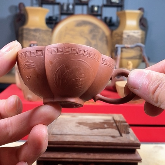 紫砂茶杯紫砂青釉把杯